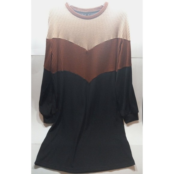 Tri Colorblock Long Sleeve Shift Dress 0XL Tan Brown Black Ribbed - Picture 5 of 6